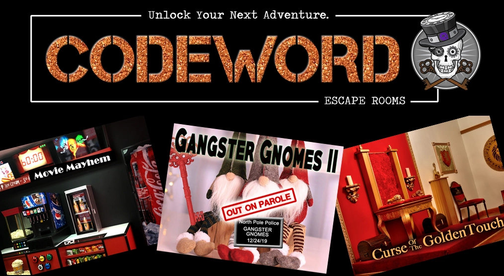 Escape Room Choices for Codeword in Rocky Hill team building package: Movie Mayhem, Gangster Gnomes 2 and Curse of the Golden touch